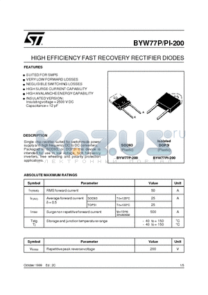 BYW77P200 datasheet - HIGH EFFICIENCY FAST RECOVERY RECTIFIER DIODES