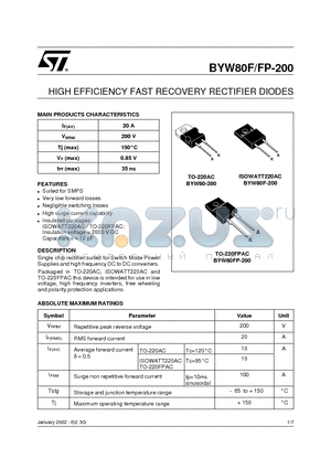 BYW80-200 datasheet - HIGH EFFICIENCY FAST RECOVERY RECTIFIER DIODES