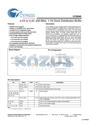CY29940 datasheet - 2.5V or 3.3V, 200-MHz, 1:18 Clock Distribution Buffer