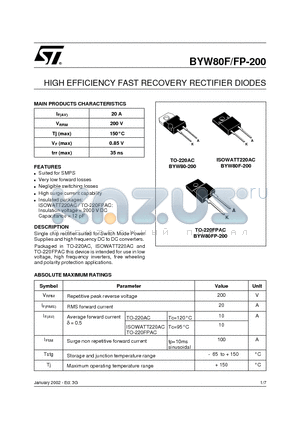 BYW80FP-200 datasheet - HIGH EFFICIENCY FAST RECOVERY RECTIFIER DIODES