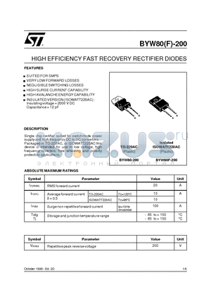 BYW80 datasheet - HIGH EFFICIENCY FAST RECOVERY RECTIFIER DIODES