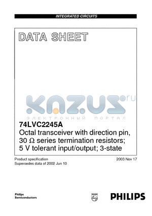 74LVC2245APWDH datasheet - Octal transceiver with direction pin; 30 ohm series termination resistors; 5 V input/output tolerant; 3-state