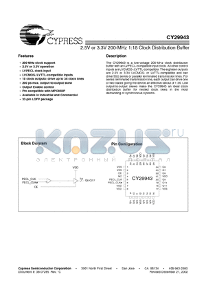 CY29943ACT datasheet - 2.5V or 3.3V 200-MHz 1:18 Clock Distribution Buffer