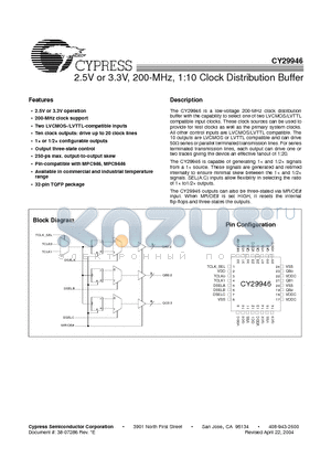 CY29946AXC datasheet - 2.5V or 3.3V, 200-MHz, 1:10 Clock Distribution Buffer