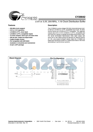 CY29942ACT datasheet - 2.5V or 3.3V, 200-MHz, 1:18 Clock Distribution Buffer