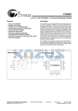 CY29947AC datasheet - 2.5V or 3.3V, 200-MHz, 1:9 Clock Distribution Buffer