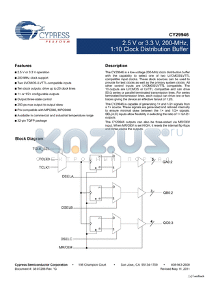 CY29946AXIT datasheet - 2.5 V or 3.3 V, 200-MHz, 1:10 Clock Distribution Buffer