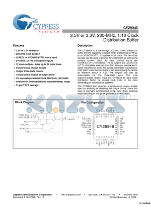 CY29948AI datasheet - 2.5V or 3.3V, 200-MHz, 1:12 Clock Distribution Buffer