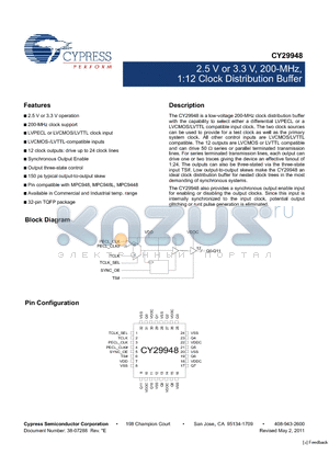 CY29948 datasheet - 2.5 V or 3.3 V, 200-MHz, 1:12 Clock Distribution Buffer LVCMOS-/LVTTL-compatible inputs