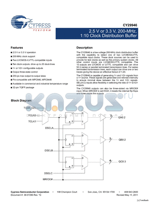 CY29946_12 datasheet - 2.5 V or 3.3 V, 200-MHz, 1:10 Clock Distribution Buffer