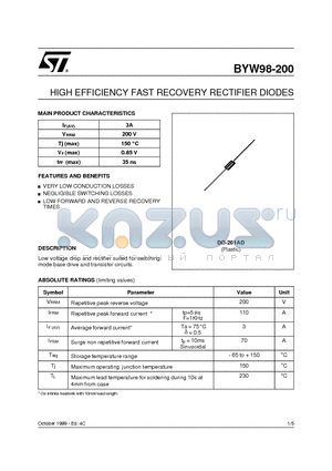 BYW98-200RL datasheet - HIGH EFFICIENCY FAST RECOVERY RECTIFIER DIODES