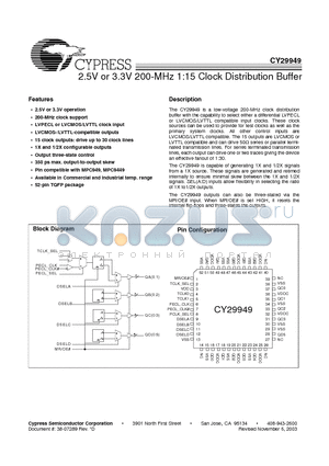 CY29949AC datasheet - 2.5V or 3.3V 200-MHz 1:15 Clock Distribution Buffer
