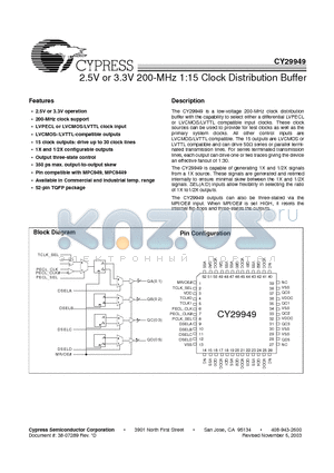 CY29949 datasheet - 2.5V or 3.3V 200-MHz 1:15 Clock Distribution Buffer