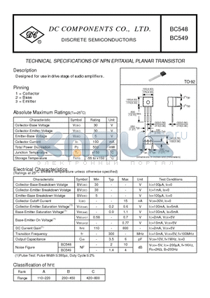 BC548 datasheet - TECHNICAL SPECIFICATIONS OF NPN EPITAXIAL PLANAR TRANSISTOR