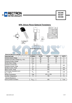 BC548 datasheet - NPN Silicon Planar Epitaxial Transistors