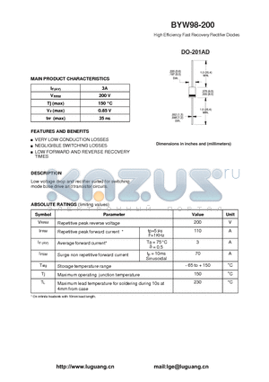 BYW98-200 datasheet - High Efficiency Fast Recovery Rectifier Diodes