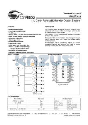 CY2CC1810 datasheet - 1:10 Clock Fanout Buffer with Output Enable