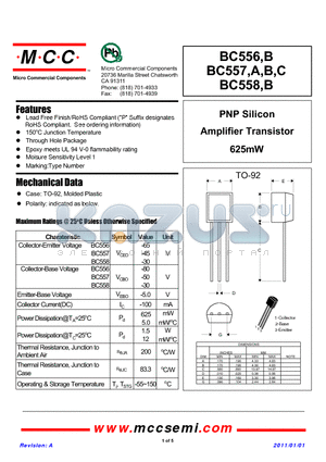 BC556B datasheet - PNP Silicon Amplifier Transistor 625mW