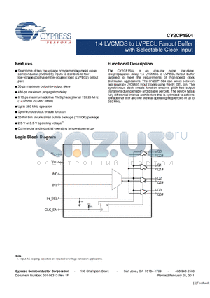 CY2CP1504ZXC datasheet - 1:4 LVCMOS to LVPECL Fanout Buffer with Selectable Clock Input