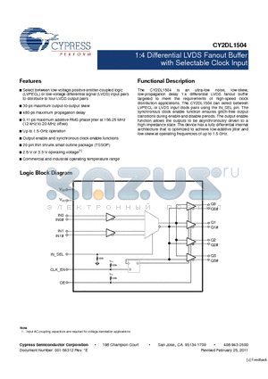 CY2DL1504 datasheet - 1:4 Differential LVDS Fanout Buffer with Selectable Clock Input