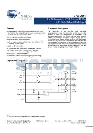 CY2DL1504 datasheet - 1:4 Differential LVDS Fanout Buffer with Selectable Clock Input