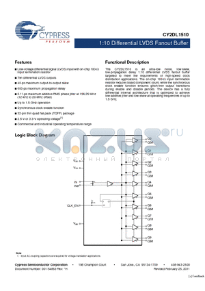 CY2DL1510AZCT datasheet - 1:10 Differential LVDS Fanout Buffer