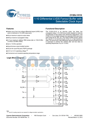 CY2DL15110AZIT datasheet - 1:10 Differential LVDS Fanout Buffer with Selectable Clock Input