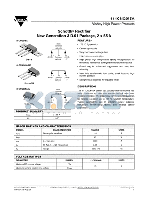 111CNQ045A datasheet - Schottky Rectifier New Generation 3 D-61 Package, 2 x 55 A