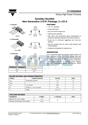 111CNQ045ASL datasheet - Schottky Rectifier New Generation 3 D-61 Package, 2 x 55 A