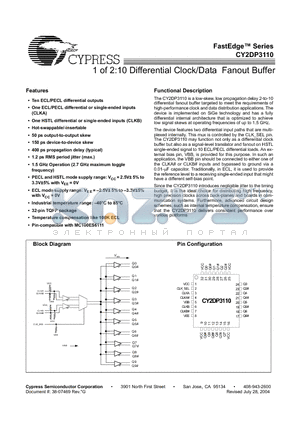 CY2DP3110AI datasheet - 1 of 2:10 Differential Clock/Data Fanout Buffer