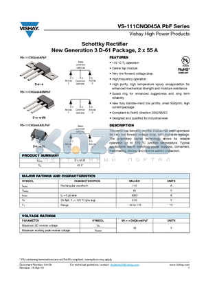 111CNQ045APBF datasheet - Schottky Rectifier New Generation 3 D-61 Package, 2 x 55 A