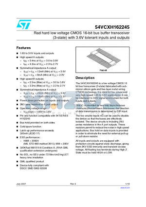 54VCXH162245 datasheet - Rad hard low voltage CMOS 16-bit bus buffer transceiver (3-state) with 3.6V tolerant inputs and outputs