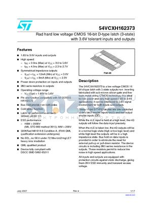 54VCXH162373 datasheet - Rad hard low voltage CMOS 16-bit D-type latch (3-state) with 3.6V tolerant inputs and outputs