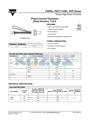 111RKI40PBF datasheet - Phase Control Thyristors (Stud Version), 110 A