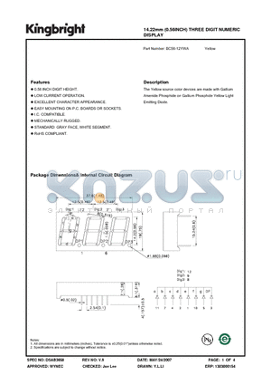 BC56-12YWA datasheet - 14.22mm (0.56INCH) THREE DIGIT NUMERIC DISPLAY