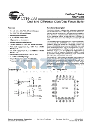 CY2PP3220AI datasheet - Dual 1:10 Differential Clock / Data Fanout Buffer