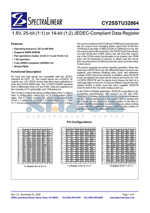 CY2SSTU32864 datasheet - 1.8V, 25-bit (1:1) or 14-bit (1:2) JEDEC-Compliant Data Register