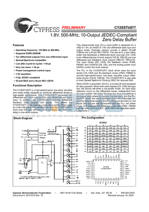 CY2SSTU877 datasheet - 1.8V, 500-MHz, 10-Output JEDEC-Compliant Zero Delay Buffer