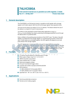 74LVC595APW datasheet - 8-bit serial-in/serial-out or parallel-out shift register; 3-state