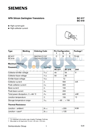 BC617 datasheet - NPN Silicon Darlington Transistors (High current gain High collector current)