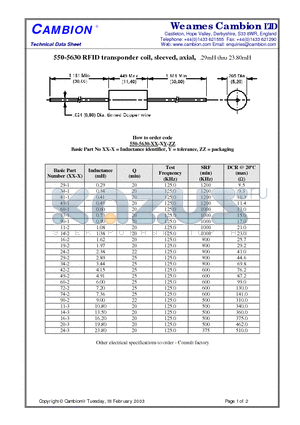 550-5630 datasheet - RFID transponder coil, sleeved, axial