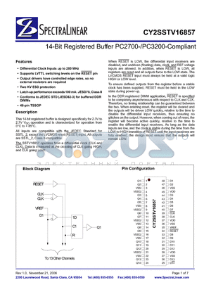 CY2SSTV16857ZI datasheet - 14-Bit Regstered Buffer PC2700-/PC3200-Compliant