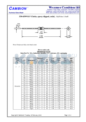 550-8399 datasheet - R F Choke, epoxy dipped, axial