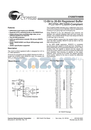 CY2SSTV16859LFI datasheet - 13-Bit to 26-Bit Registered Buffer PC2700-/PC3200-Compliant