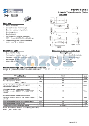 BZD27C11P datasheet - 1.0 Watts Voltage Regulator Diodes