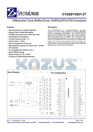 CY2SSTV857-27 datasheet - Differential Clock Buffer/Driver DDR333/PC2700-Compliant