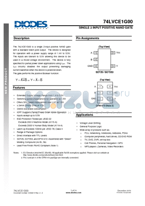 74LVCE1G00W5 datasheet - SINGLE 2 INPUT POSITIVE NAND GATE