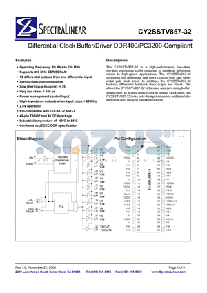 CY2SSTV857LFXC-32 datasheet - Differential Clock Buffer/Driver DDR400/PC3200-Compliant