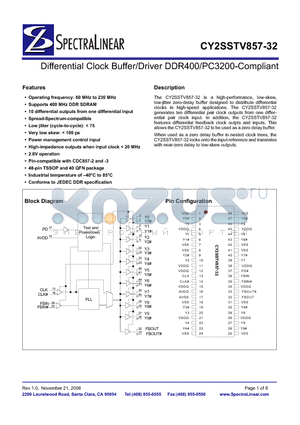 CY2SSTV857LFI-32T datasheet - Differential Clock Buffer/Driver DDR400/PC3200-Compliant