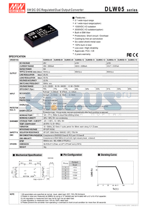 DLW05A-15 datasheet - 5W DC-DC Regulated Dual Output Converter